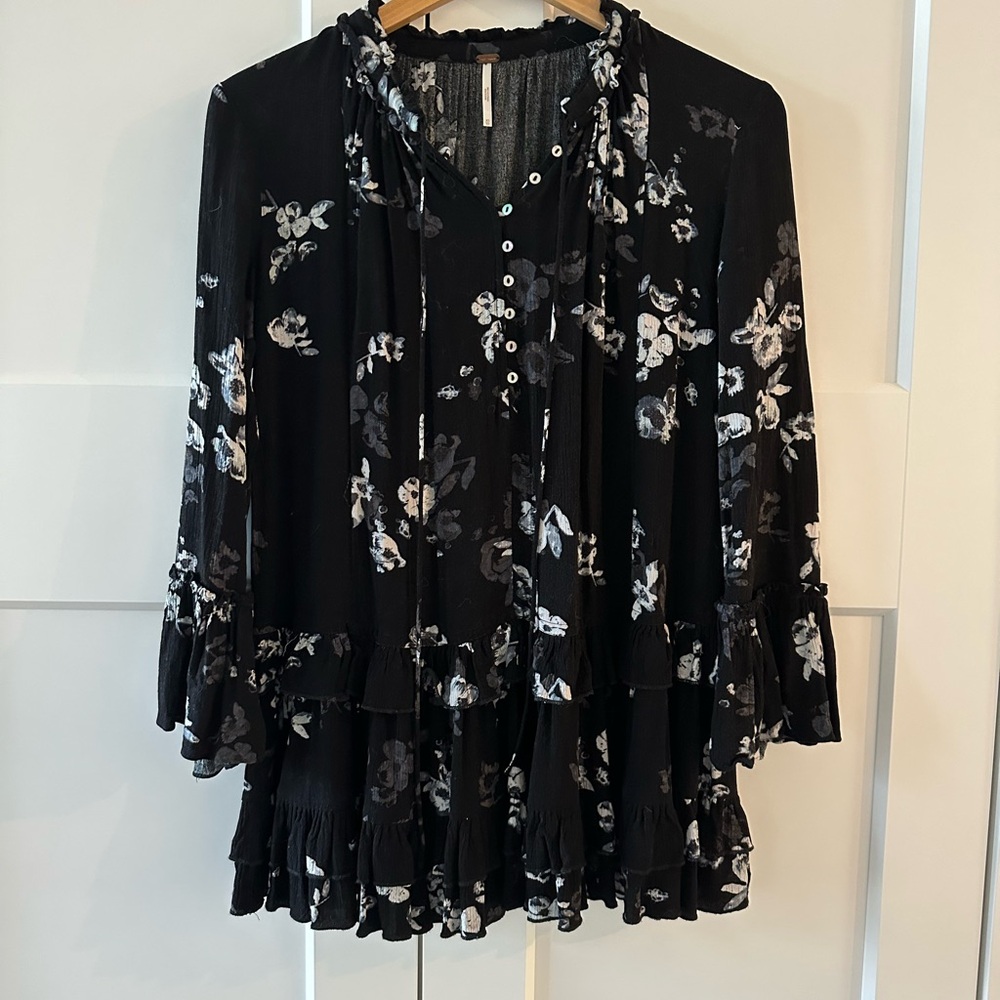 Free People Cloverfield Black Floral Tunic